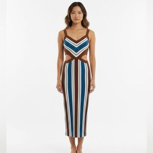 Elegant Brown and Blue Striped Midi Dress